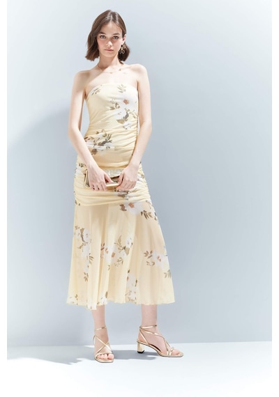 DeFacto Coool Bodycon Vücudu Saran Straplez Çiçek Desenli Tül Maxi Elbise F5577AX25SMYL272