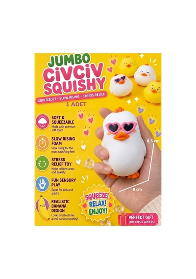 Civciv Sukuşi Skuşi Squishy Sevimli Hayvan Ördek Esnek 1 Adet Stres Oyuncakları Uzayan Gözlüklü Squıshy Sarı Beyaz 8.5cm