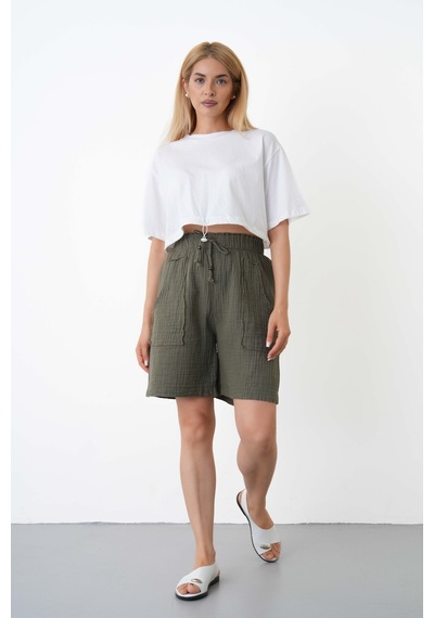 The Voler Müslin Şort Kadın Yüksek Bel Oversize Rahat Kesim Cepli %100 Pamuklu Yazlık Şort Haki The Voler Müslin Şort Kadın Yüksek Bel Oversize Rahat Kesim Cepli %100 Pamuklu Yazlık Şort Haki