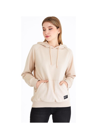 Metalic Kadın Bej Kapüşonlu Basic Örme Sweatshirt Bej