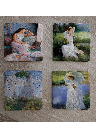 Monet Ve Kadınlar Doğal Taş Bardak Altlığı 4'lü Set - Natural Stone Coasters - Taş Çok Renkli