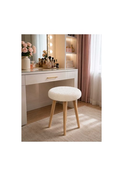 Solo Teddy Kumaş Kaplı Tabure Puf Makyaj Masası Mutfak Balkon Salon Ahşap Ayaklı Tabure Beyaz Beyaz