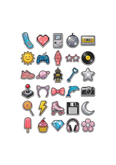 30 Adet Retro 90'lar Nostalji Sticker Seti - Laptop Ajanda Telefon İçin Çok Renkli