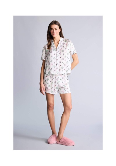 Defacto Saten Desenli Şortlu Pijama Takımı H3791ax26smer98 Ekru-er98