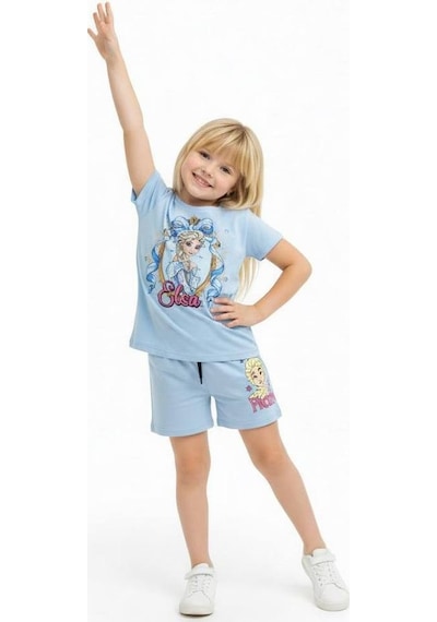 Miniko Kids Kız Çocuk Elsa Modelli Pamul Şortlu Takım Mavi