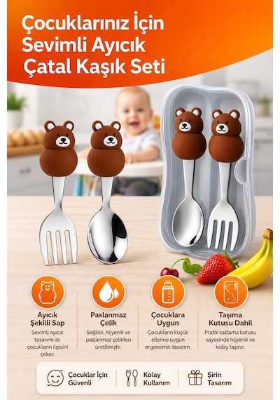 Ayı Figürlü Kahverengi Premium Çocuk Bpa Free Silikon Saplı Paslanmaz Çelik Uçlu Çatal-kaşık, 9+ Ay