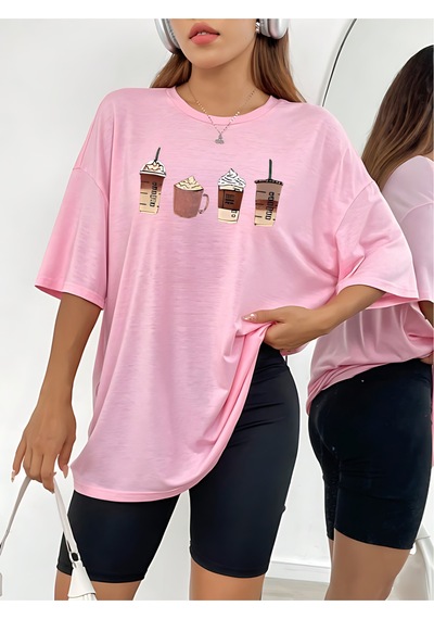 Coffe Süprem T-shirt - Pembe Baskılı Oversize Bisiklet Yaka Kısa Kol Tişört Pembe