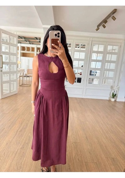 Moda Assema Kolsuz Uzun Kabardin Elbise - Bordo Çok Renkli