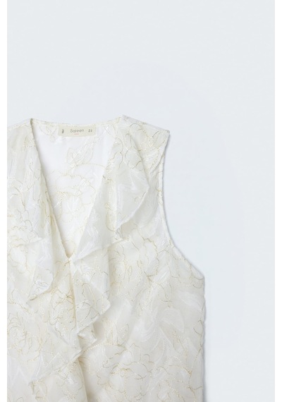 Sateen Nakışlı Fırfır Detaylı Transparan Bluz - Ekru-137680