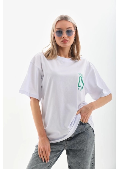 Novalisse Kadın Kısa Kol Oversize Baskılı T-shirt - Beyaz Çoklu Renk