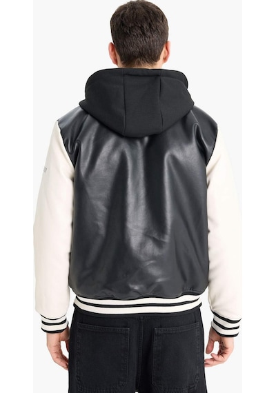 Defacto Regular Fit Kolej Yaka Çıkarılabilir Kapüşonlu Çıtçıtlı Suni Deri Bomber Mont E9972ax25aubk27 Siyah