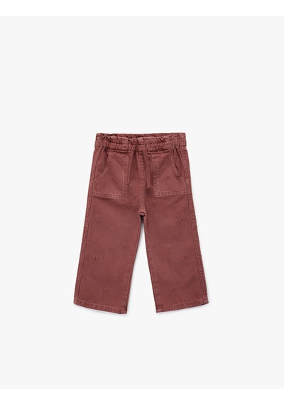 Koton Pamuklu Loose Fit Beli Bağcıklı Cepli Denim Pantolon Bordo 6wmg40014ad Bordo