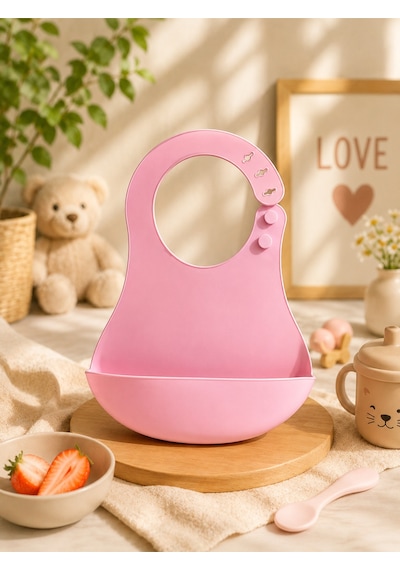 Silikon Mama Önlüğü Su Geçirmez Ayarlanabilir Bebek Önlüğü Bpa İçermeyen Geniş Cepli Beslenme Önlüğü Pembe