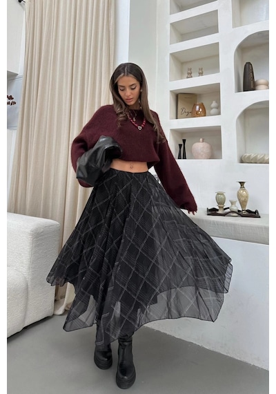 Asur Boutique Asur Butik Kadın Asimetrik Kesim Şifon Astarlı Etek Siyah