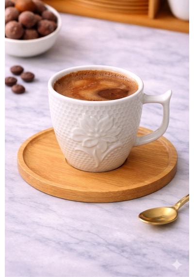 Tek Kişilik 2 Parça Porselen Türk Kahvesi Fincan Takımı.bambu Tabaklı Premium Kahve Seti,çiçek Beyaz