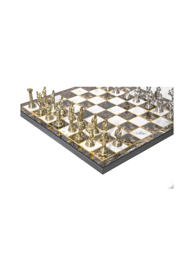 Lüks Metal Satranç Takımı Krom Kaplama Roma Ordusu Figür & Kehribar Mermer Desenli Tahta 20 Cm.