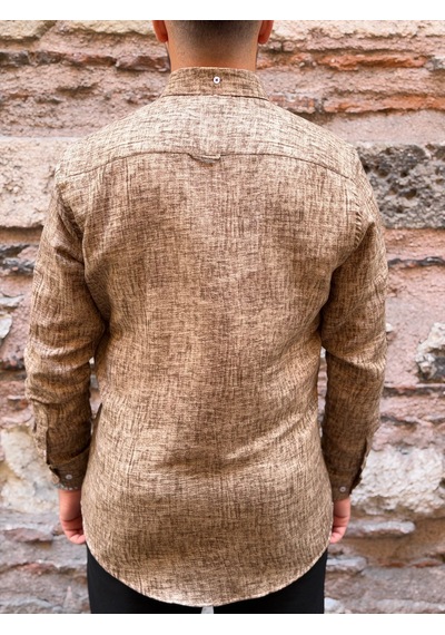 Slim Fit Uzun Kol Müslin Dijital Baskılı Hediye Kutulu Erkek Gömlek Fs-004599 - Kahverengi-3363