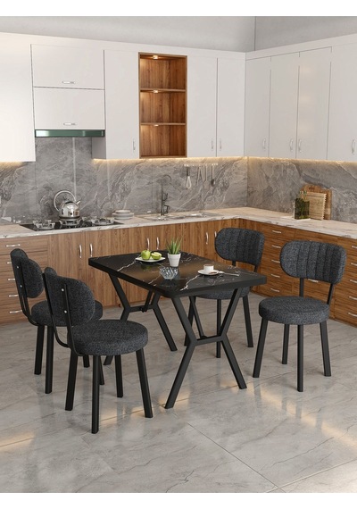 Azra 70x110cm Bendir Mutfak Masası, Mutfak Masası Takımı, Yemek Masası, 4 Antrasit Sandalye Antrasit
