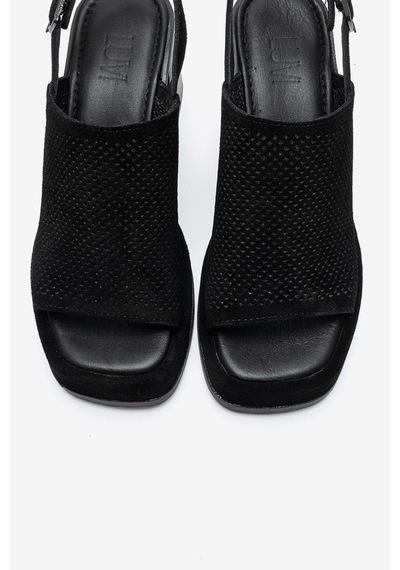 Luvi Shoes Penvıa Siyah Süet Hakiki Deri Kadın Kalın Topuklu Sandalet