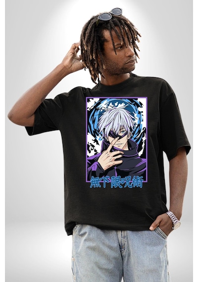 Jujutsu Vintage Washed - Megumi Gojo Anime Manga Pamuklu Bisiklet Yaka Unisex Oversize Boyfriend Dijital Baskılı Siyah T-shirt Siyah