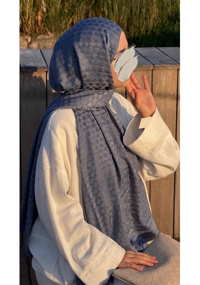 Qalortex Scarf Premium Pamuklu Jakar Şal-buz Mavi