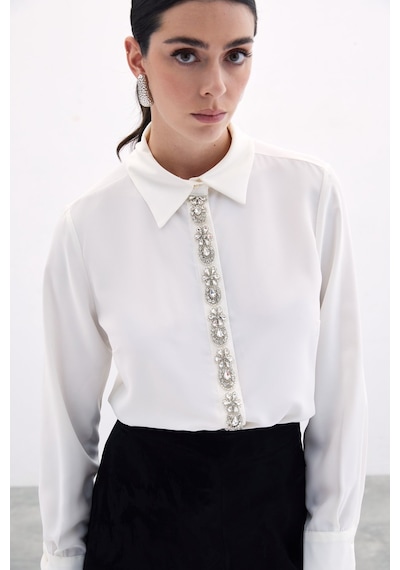 Sateen Şerit Aksesuarlı Gömlek - Ekru-135986 Ekru
