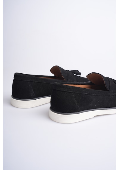 Fame Step Hakiki Deri Erkek Loafer Ayakkabı Süet Günlük Rahat Casual Mokasen Püsküllü Siena Siyah