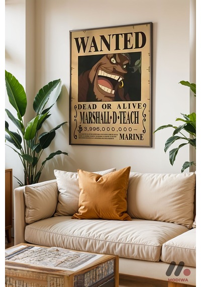 One Piece Kara Sakal Wanted Poster, Siyah Çerçeveli Duvar Tablosu - Anime Severlere Özel Hediye