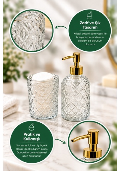 Evonıta 2 Li Kristal Desenli Cam Banyo Seti Altın Pompalı Sıvı Sabunluk Ve Diş Fırçalık Organizer Renkli