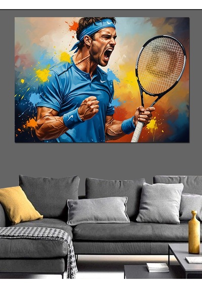Tenis Maçında Hırslı Erkek Oyuncu Dekoratif Kanvas - Mdf Ahşap Tablo