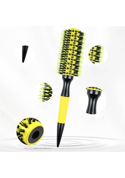 Koodmax Ahşap Saplı Naylon Kıl Saç Şekillendirici Fön Fırçası - Saç Düzleştirici Tarak 4.5cm - Sarı - Siyah