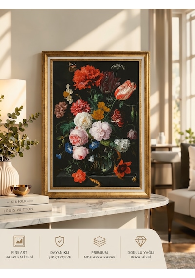 Gold Çerçeveli Varaklı Yağlı Boya Dokulu Şık Salon Tablosu - Hollanda Altın Çağı Sanat Eseri Klasik Vintage Natürmort Dark Floral Dekoratif Duvar Tablosu 50x70 Cm / Çerçeveli 60x80 Cm Gold Çerçeveli Varaklı Yağlı Boya Dokulu Şık Salon Tablosu - Hollanda Altın Çağı Sanat Eseri Klasik Vintage Natürmort Dark Floral Dekoratif Duvar Tablosu 50x70 Cm / Çerçeveli 60x80 Cm