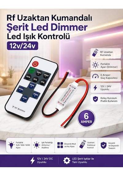 Unichrome Rf Uzaktan Kumandalı Şerit Led Dimmer Led Işık Kontrolü 12v/24v Diğer