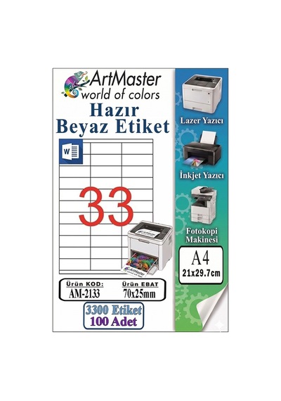 A4 Hazır Beyaz Etiket 70x25mm 100 Sayfa 1 Paket 33 Lü Kendinden Yapışkanlı Fotokopi Lazer İnkjet Kağıdı Yazıcılar İçin