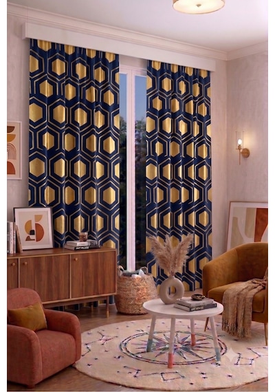 Modern Geometrik Desenli Fon Perdesi 140x260 Cm 2 Kanat Dekoratif Dijital Baskılı Premium Salon Oturma Odası Yatak Odası Pencere Perdesi Altın