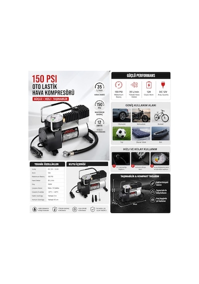 Tr 150 Psı 35 L/dk Oto Lastik Hava Kompresörü, 12v Taşınabilir Lastik Şişirme Pompası, Manometreli, Otomobil Moto