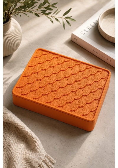 Desenli Kapaklı Dekoratif Kutu Masa Üstü Organizer Takı Aksesuar Saklama Kutusu Pla 20x12.5 Cm Turuncu