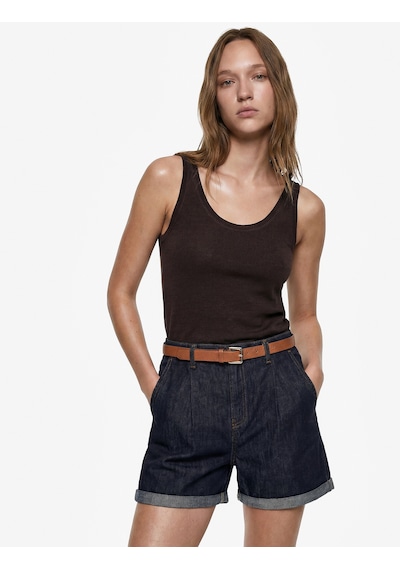 Koton Rahat Kalıp Duble Paça Cepli Kemerli Mini Jean Şort Raw 6sal40304md 63x