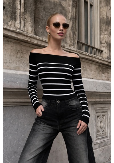 Ramior Collectıon Kadın Beyaz Çizgili Kayık Yaka Fitilli Triko Bluz Siyah - 813592523 Siyah Ramior Collectıon Kadın Beyaz Çizgili Kayık Yaka Fitilli Triko Bluz Siyah - 813592523 Siyah