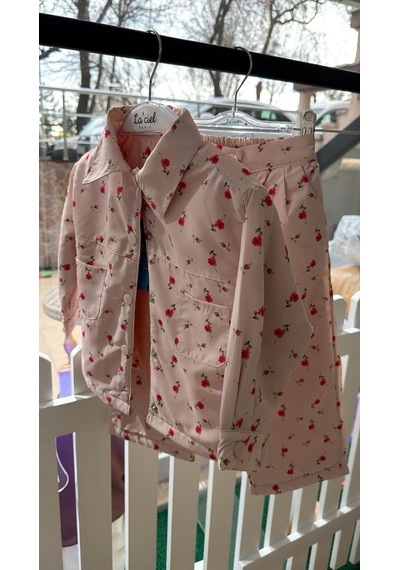 Magu Kız Çocuk Pamuklu Pembe Çiçek Desenli Ceket Yaka Pantolon Takım Pembe