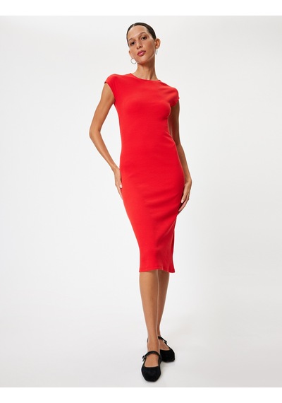Koton Midi Slip Elbise Bisiklet Yaka Kap Kol Slim Fit Kırmızı 4sal80237ık Kırmızı