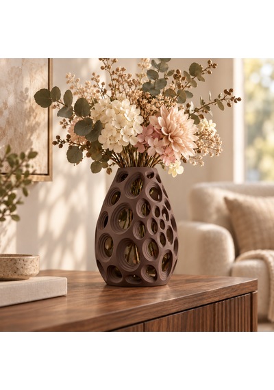 Dekoratif Vazo 20 Cm Oval Delikli Modern Tasarım Kuru Ve Yapay Çiçek Vazosu Kahverengi