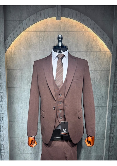 Dupont Classics Dupont Erkek Slim Fit 6 Drop Tek Düğme Çift Yırtmaç Likralı Zara Kumaş Yelekli Takım Elbise Kahverengi Dupont Classics Dupont Erkek Slim Fit 6 Drop Tek Düğme Çift Yırtmaç Likralı Zara Kumaş Yelekli Takım Elbise Kahverengi