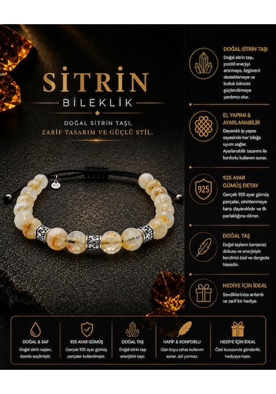 Sitrin Doğal Taş 8mm - 925 Ayar Gümüş Detaylı Makrome Örgülü Erkek Bileklik Hediye Kutulu