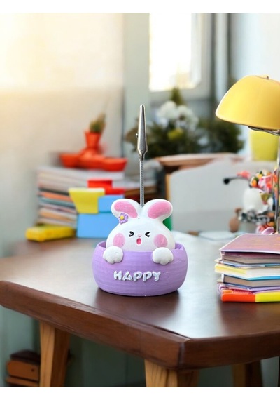 Happy Temalı Tavşan Fotoğraf Not Tutucu Ofis Masası Tutacak Hediyelik Happy Temalı