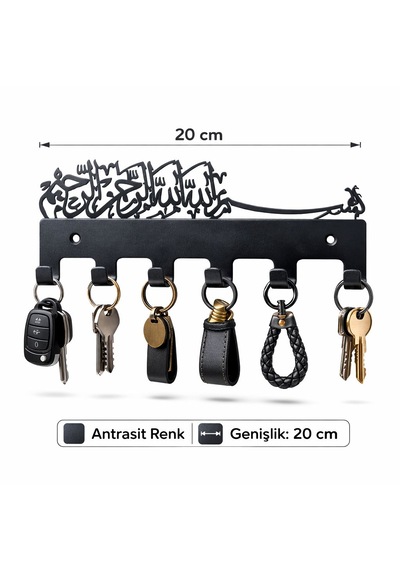 Besmele Yazılı Metal Anahtarlık Askılığı Antrasit Duvar Dekoru Antrasit