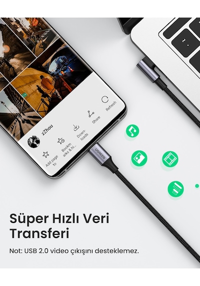 Ugreen Usb-c 100w 5a Qc Pd 90 Derece Örgülü Hızlı Şarj Kablosu, 2 Metre, Siyah, 70645 -