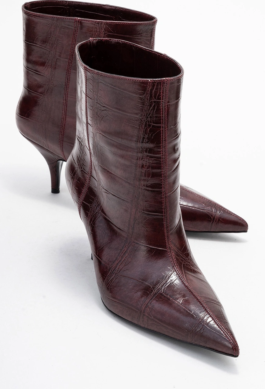 Luvishoes Luvi Shoes Nuvıa Bordo Baskı Sivri Burunlu Kadın Topuklu Bot Bordo