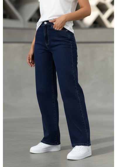 Woddi Nova Kadın Yüksek Bel Lacivert Salaş Jeans Wide Leg Geniş Paça Palazzo Kot Pantolon