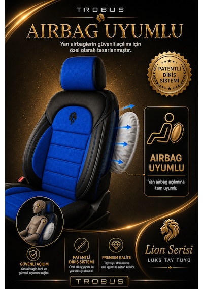 Renault R9 Broadway 1990-2000 Uyumlu Lion Serisi Tay Tüyü Mavi Siyah Premium Koltuk Kılıfı